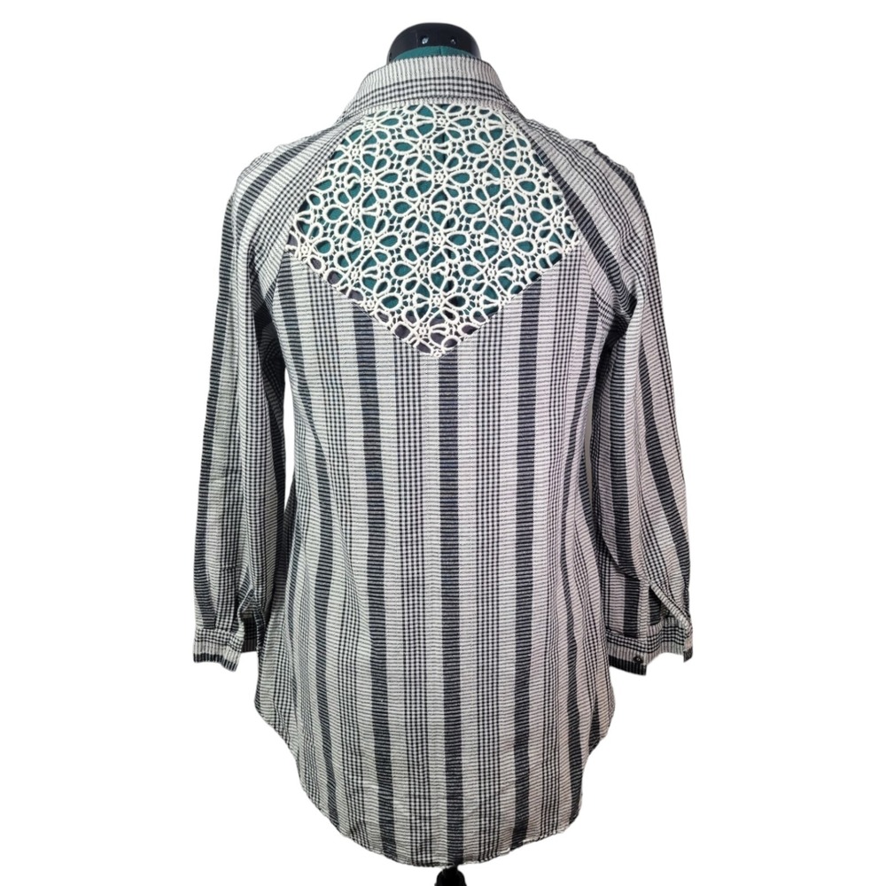 Umgee Shirt Women S Black White Striped Cotton Blend Lace Back Boho Button Down